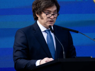 Milei fala ao microfone em um púlpito durante evento oficial.