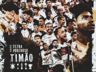 Elenco do Corinthians comemora o título da Copa do Brasil 2025 em arte oficial de tetracampeonato