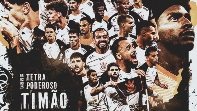 Elenco do Corinthians comemora o título da Copa do Brasil 2025 em arte oficial de tetracampeonato