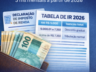 Imagem ilustrativa do novo piso do Imposto de Renda, mostrando carteira com cédulas de real e tabela do IR 2026 com isenção para rendimentos de até R$ 5 mil mensais.