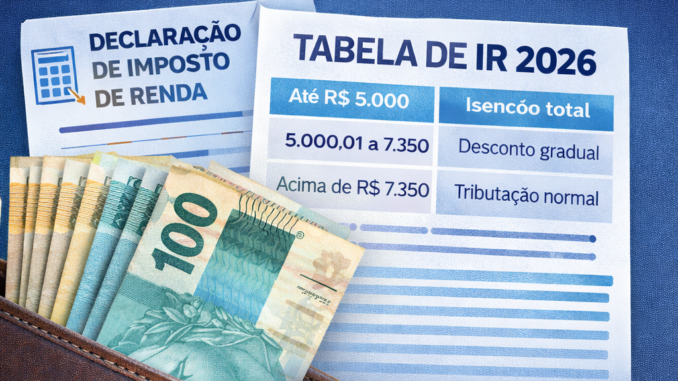 Imagem ilustrativa do novo piso do Imposto de Renda, mostrando carteira com cédulas de real e tabela do IR 2026 com isenção para rendimentos de até R$ 5 mil mensais.