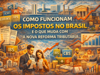 Ilustração mostra a reforma tributária no Brasil com a substituição de impostos como ICMS, ISS, PIS e Cofins pelos novos tributos IBS e CBS, destacando impactos para consumidores e empresas.