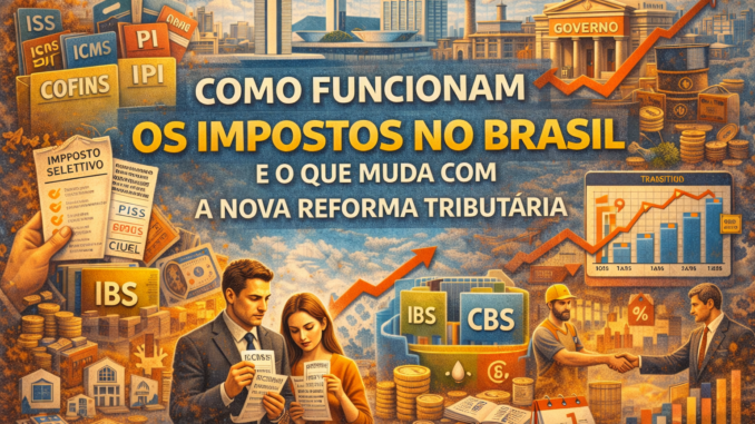 Ilustração mostra a reforma tributária no Brasil com a substituição de impostos como ICMS, ISS, PIS e Cofins pelos novos tributos IBS e CBS, destacando impactos para consumidores e empresas.