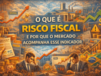 Ilustração mostra o conceito de risco fiscal no Brasil, com gráficos de dívida pública, aumento de gastos, variação do dólar e preocupação de investidores com as contas do governo.