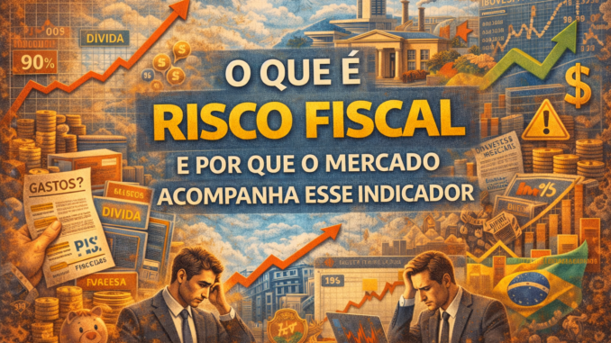 Ilustração mostra o conceito de risco fiscal no Brasil, com gráficos de dívida pública, aumento de gastos, variação do dólar e preocupação de investidores com as contas do governo.