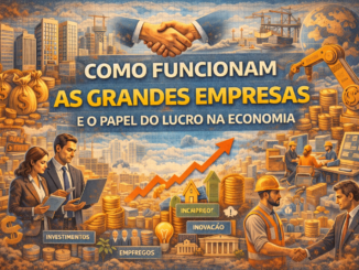 Ilustração mostra grandes empresas, geração de lucros, investimentos, empregos e crescimento econômico, destacando a relação entre empresas, trabalhadores e desenvolvimento da economia.