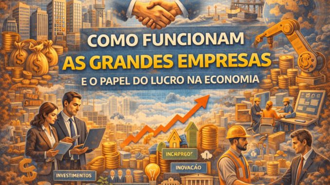 Ilustração mostra grandes empresas, geração de lucros, investimentos, empregos e crescimento econômico, destacando a relação entre empresas, trabalhadores e desenvolvimento da economia.