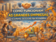 Ilustração mostra grandes empresas, geração de lucros, investimentos, empregos e crescimento econômico, destacando a relação entre empresas, trabalhadores e desenvolvimento da economia.