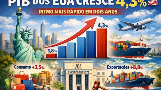 Ilustração mostra crescimento do PIB dos Estados Unidos de 4,3% no terceiro trimestre, impulsionado pelo consumo e pelas exportações