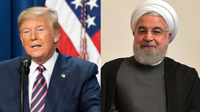 Donald Trump e Hassan Rouhani em imagens de arquivo que representam a escalada de tensões políticas e diplomáticas entre Estados Unidos e Irã, marcada por disputas e ameaças mútuas.
