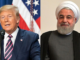 Donald Trump e Hassan Rouhani em imagens de arquivo que representam a escalada de tensões políticas e diplomáticas entre Estados Unidos e Irã, marcada por disputas e ameaças mútuas.