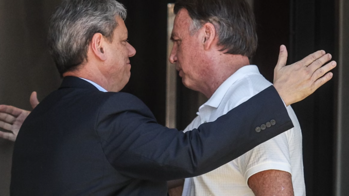 Tarcísio de Freitas cumprimenta Jair Bolsonaro durante encontro em Brasília, em momento de proximidade política.