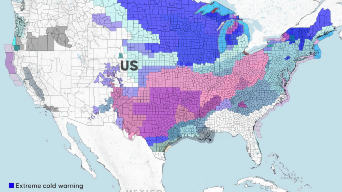 Mapa mostra alertas de frio extremo, tempestade de inverno e tempestade de gelo em diversas regiões dos Estados Unidos em janeiro de 2026