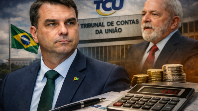 Imagem com Flávio Bolsonaro em destaque e Lula desfocado ao fundo diante do Tribunal de Contas da União (TCU), com bandeira do Brasil, pilhas de moedas, calculadora e documentos financeiros representando pedido de auditoria das contas públicas.