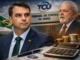 Imagem com Flávio Bolsonaro em destaque e Lula desfocado ao fundo diante do Tribunal de Contas da União (TCU), com bandeira do Brasil, pilhas de moedas, calculadora e documentos financeiros representando pedido de auditoria das contas públicas.