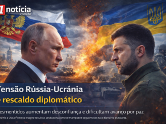 Putin e Zelensky frente a frente com bandeiras da Rússia e Ucrânia ao fundo em cenário de guerra