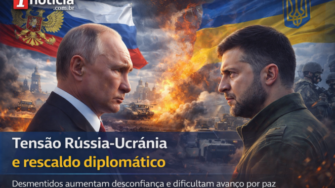 Putin e Zelensky frente a frente com bandeiras da Rússia e Ucrânia ao fundo em cenário de guerra