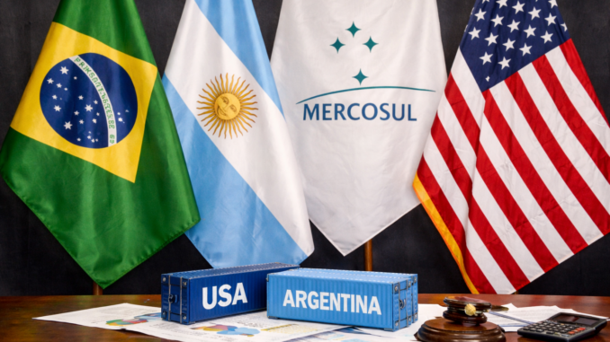 Bandeiras do Brasil, Argentina, Estados Unidos e Mercosul simbolizando análise de acordo comercial que pode violar regras do bloco