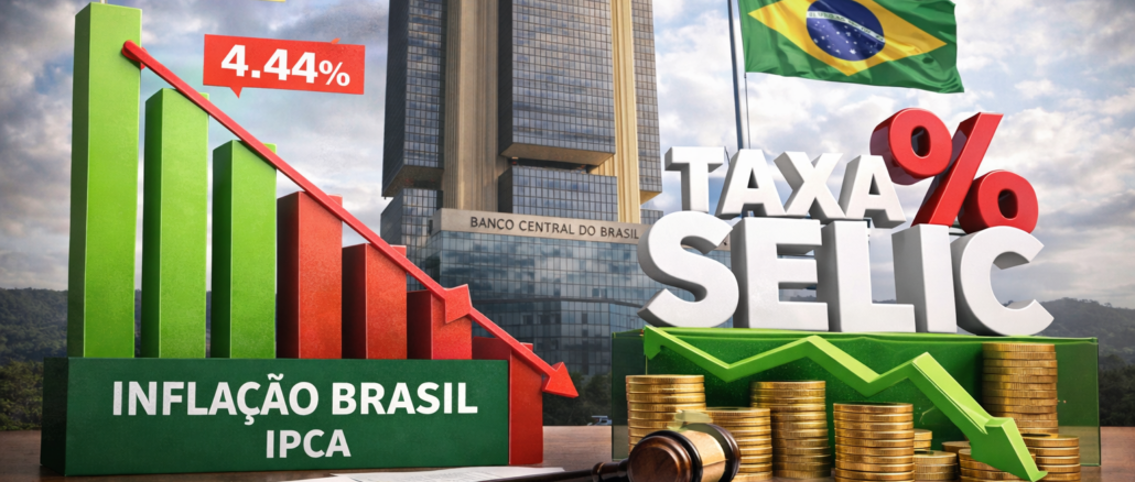 Gráfico da inflação do Brasil em janeiro de 2026 mostrando IPCA em 4,44%, com destaque para possível corte da taxa Selic pelo Banco Central