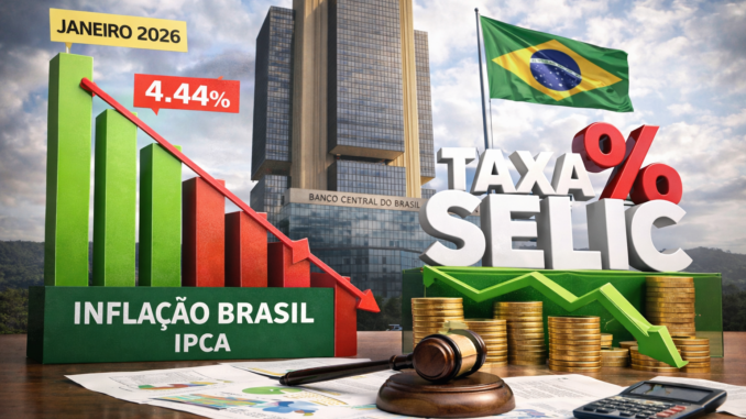 Gráfico da inflação do Brasil em janeiro de 2026 mostrando IPCA em 4,44%, com destaque para possível corte da taxa Selic pelo Banco Central