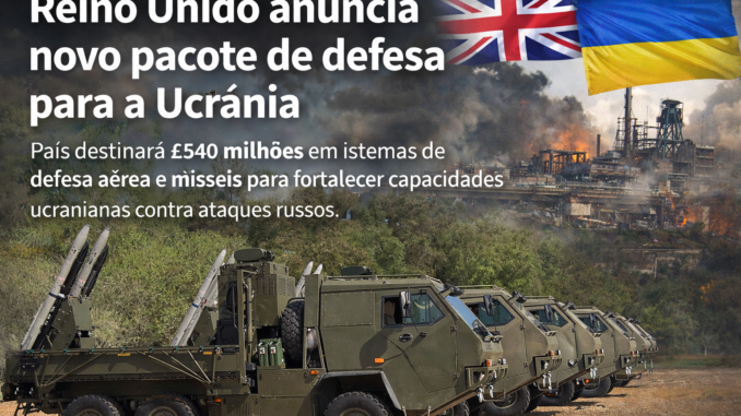 Veículos militares com sistemas de mísseis ilustram novo pacote de defesa anunciado pelo Reino Unido para apoiar a Ucrânia contra ataques russos