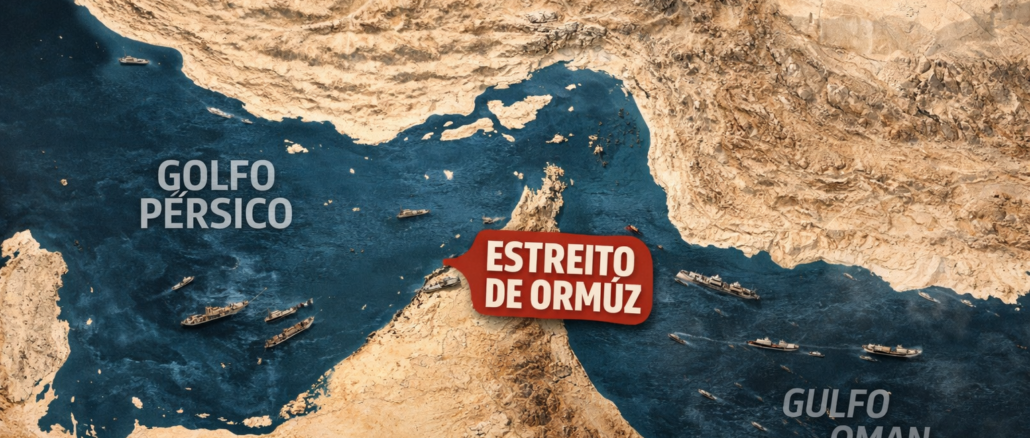 Mapa aéreo do Estreito de Ormuz mostrando a ligação entre o Golfo Pérsico e o Golfo de Omã em meio às tensões da guerra envolvendo o Irã.