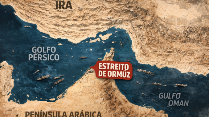 Mapa aéreo do Estreito de Ormuz mostrando a ligação entre o Golfo Pérsico e o Golfo de Omã em meio às tensões da guerra envolvendo o Irã.