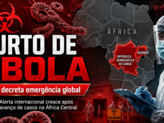 Imagem jornalística sobre surto de ebola, com mapa da África destacando República Democrática do Congo e Uganda, símbolo de risco biológico e profissional de saúde usando equipamento de proteção.