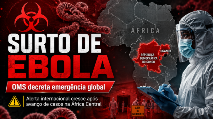 Imagem jornalística sobre surto de ebola, com mapa da África destacando República Democrática do Congo e Uganda, símbolo de risco biológico e profissional de saúde usando equipamento de proteção.