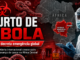 Imagem jornalística sobre surto de ebola, com mapa da África destacando República Democrática do Congo e Uganda, símbolo de risco biológico e profissional de saúde usando equipamento de proteção.