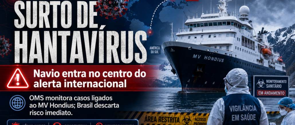 Imagem jornalística sobre surto de hantavírus ligado ao navio MV Hondius, com embarcação em destaque, profissionais de vigilância em saúde, mapa de rota internacional e elementos de alerta sanitário.