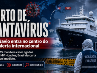 Imagem jornalística sobre surto de hantavírus ligado ao navio MV Hondius, com embarcação em destaque, profissionais de vigilância em saúde, mapa de rota internacional e elementos de alerta sanitário.