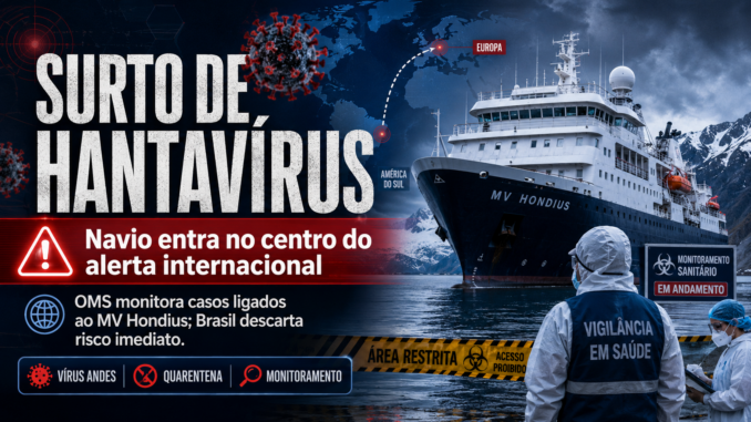 Imagem jornalística sobre surto de hantavírus ligado ao navio MV Hondius, com embarcação em destaque, profissionais de vigilância em saúde, mapa de rota internacional e elementos de alerta sanitário.