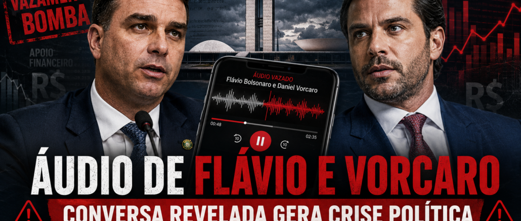 Imagem jornalística sobre áudio atribuído a Flávio Bolsonaro e Daniel Vorcaro, com celular exibindo onda sonora, Congresso Nacional ao fundo e elementos visuais de crise política e apoio financeiro.