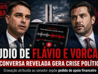 Imagem jornalística sobre áudio atribuído a Flávio Bolsonaro e Daniel Vorcaro, com celular exibindo onda sonora, Congresso Nacional ao fundo e elementos visuais de crise política e apoio financeiro.