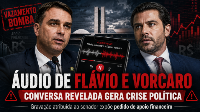 Imagem jornalística sobre áudio atribuído a Flávio Bolsonaro e Daniel Vorcaro, com celular exibindo onda sonora, Congresso Nacional ao fundo e elementos visuais de crise política e apoio financeiro.