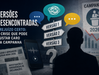 Imagem editorial de opinião sobre versões divergentes em uma crise política, com figuras masculinas genéricas em ternos, balões de fala fragmentados, setas em direções opostas e o Congresso Nacional ao fundo.