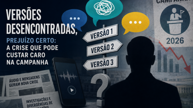 Imagem editorial de opinião sobre versões divergentes em uma crise política, com figuras masculinas genéricas em ternos, balões de fala fragmentados, setas em direções opostas e o Congresso Nacional ao fundo.